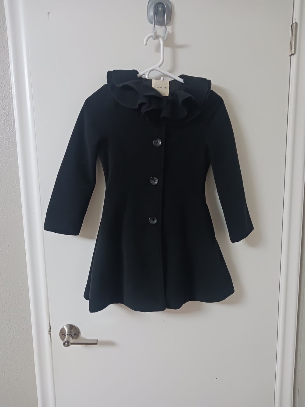Copper Key Girls Black Peacoat with Double Ruffle Collar - Size 7/8